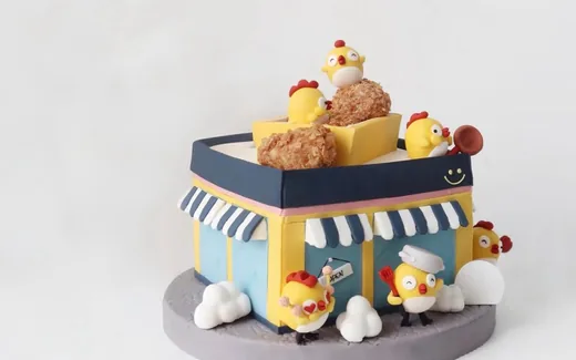 Bánh kem theo yêu cầu hình tiệm bánh tí hon với gà con và cookies