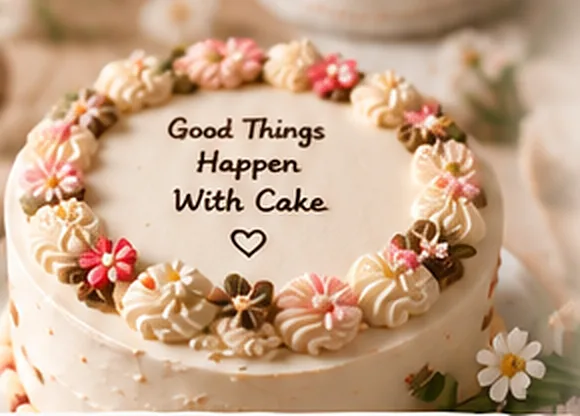 Bánh kem trang trí vòng hoa kem với dòng chữ Good Things Happen With Cake