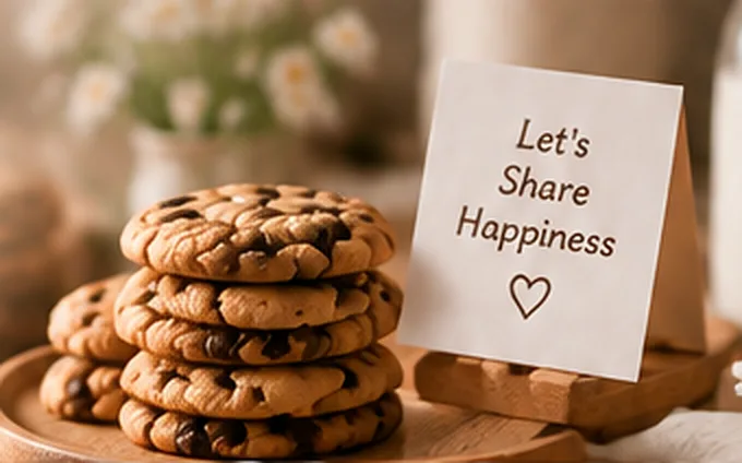 Chồng cookies trên khay gỗ cạnh tấm thiệp Let's Share Happiness
