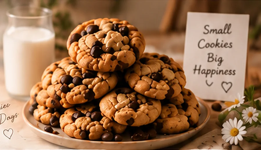 Đĩa cookies chocolate chip nhà làm bên ly sữa và tấm thiệp Small Cookies Big Happiness