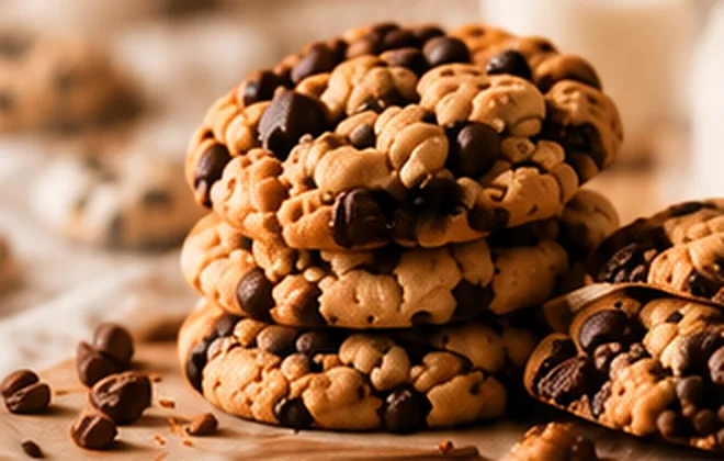 Chồng cookies chocolate chip nướng giòn rìa, bẻ đôi lộ nhân chocolate